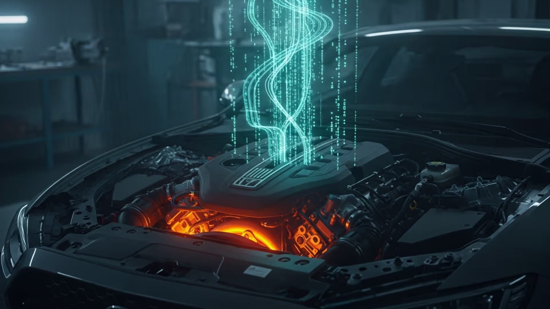 Moderner Motorraum mit holografischen Datenströmen, symbolische Darstellung der ECU-Softwareoptimierung beim Chiptuning