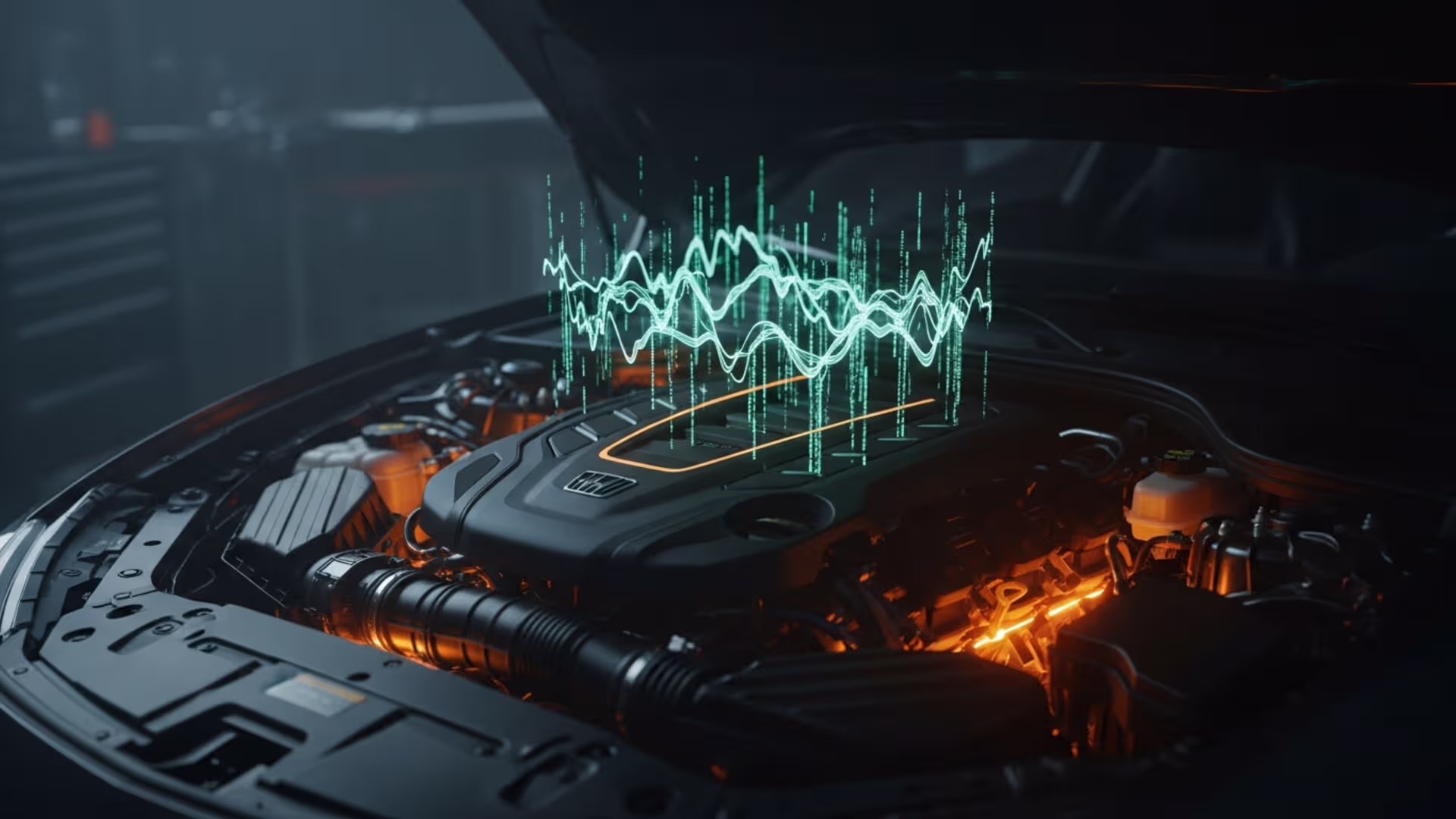 Visualisierung einer Leistungskurve und Datenströme über einem Motor, symbolisch für die messbaren PS- und Drehmoment-Gewinne nach einer ECU-Softwareoptimierung